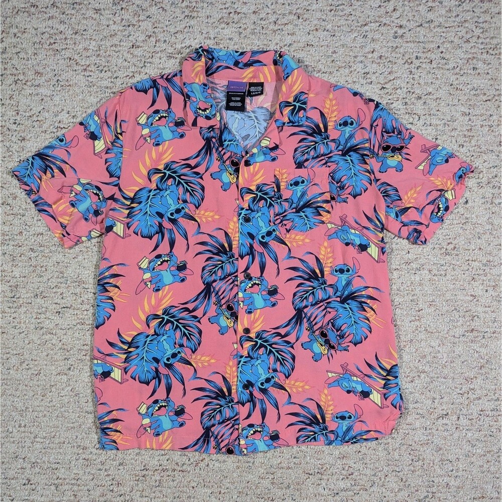 Disney Stitch Hawaiian Shirt Mens Large Pink Tropical Button Up Lilo 100% Rayon